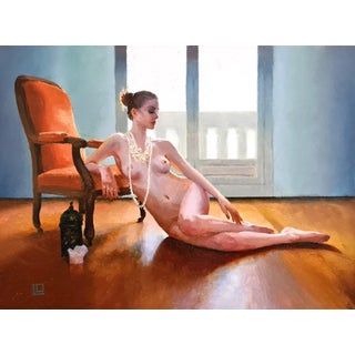 The Orange Voltaire I by Linda Delahaye | Oil on panel Nude woman lounging beside an orange chair. For Sale