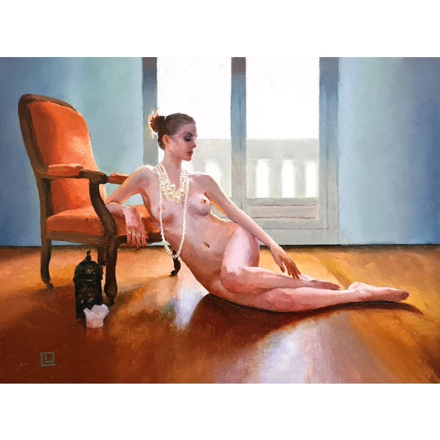 The Orange Voltaire I by Linda Delahaye | Oil on panel Nude woman lounging beside an orange chair. For Sale