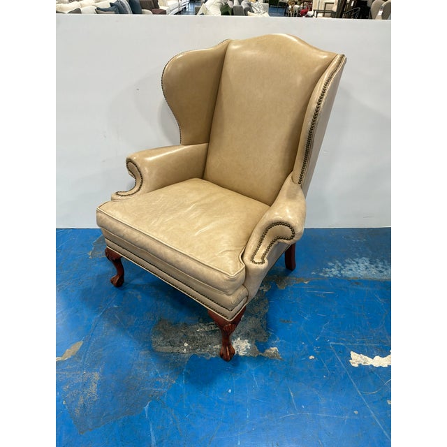 Traditional Ethan Allen Vintage Leather Wing Chair For Sale - Image 3 of 9