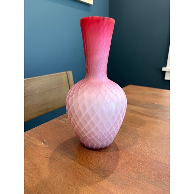 Thomas Webb & Sons Antique Victorian Pink Cased Diamond Quilted Satin Glass Vase and Tumbler Pair Set For Sale - Image 4 of 7