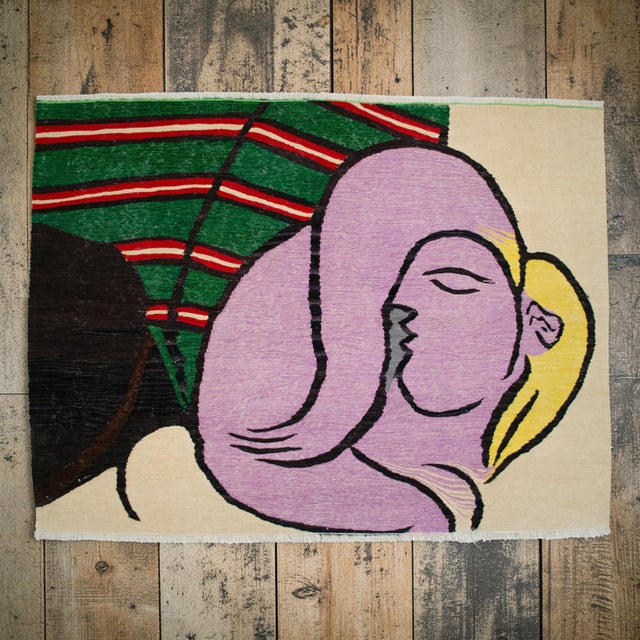 Contemporary Pablo Picasso - Woman With Yellow Hair - Inspired Hand Woven Area Rug - Wall Rug , Wool 3′9″ × 5′ For Sale - Image 3 of 18