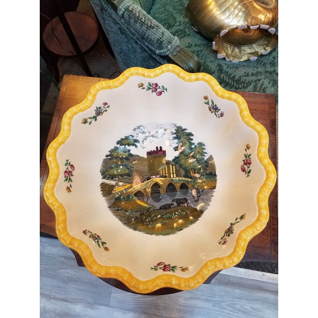 Wonderful quality Antique Copeland Spode Footed Bowl with Scalloped Edging trimmed in Yellow. Floral and Castle Transfer...