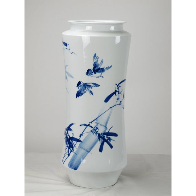Chinoiserie Chinoiserie Blue and White Porcelain Bamboo Vase For Sale - Image 3 of 7