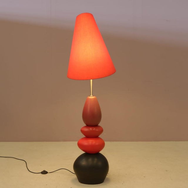 Ceramic Floor Lamp with Red Fabric Hood from Francois Chatain, France, 1970s For Sale - Image 6 of 15