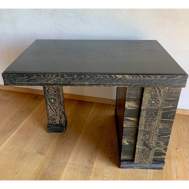 1940s Mid Century Vintage Bauhaus Arts + Crafts Black Cerused Oak With Stylized Botanical Hand Carved Pillar and Pulls For Sale - Image 12 of 12