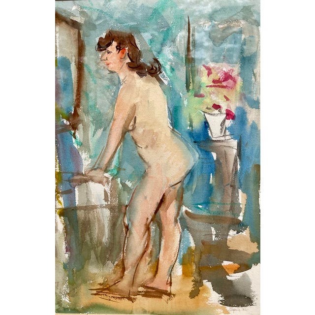 Original nude study painting with loose brushstrokes in a colorful palette displayed in gold-tone frame under glass....