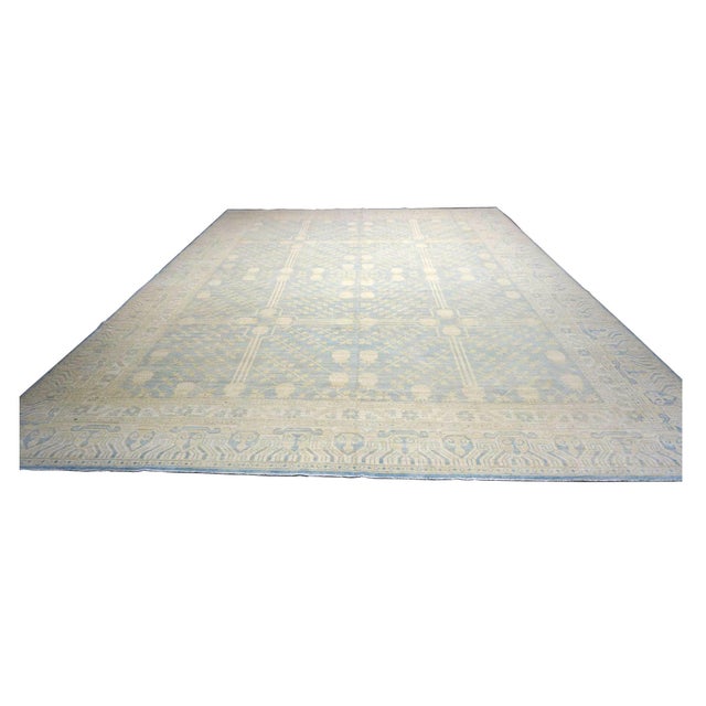 Afghan Khotan Wool 11X14 Ivory & Blue Handmade Area Rug #1142201 For Sale - Image 4 of 8