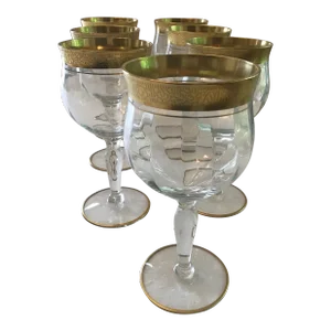 Vintage Gold Rimmed Ransgil Rambler Rose Clear Optic Glass Tulip Shaped Wine Glasses - Set of 7