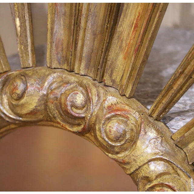 Large Vintage Italian Giltwood Sunburst Mirror With Carved Scroll Frame For Sale - Image 4 of 8