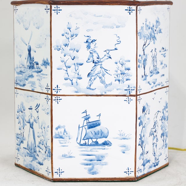 A Pair of Vintage Hand-Painted Blue and White Imitation Dutch Tile Landscape Tea Can Table Lamps For Sale - Image 10 of 14