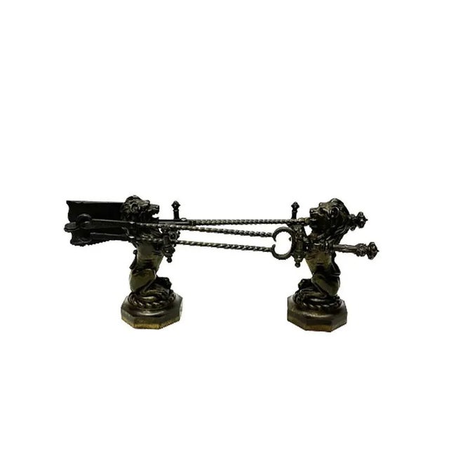 Brown 19th French Century Cast Iron Fire Dogs or Andirons with Tools, Set of 5 For Sale - Image 8 of 11