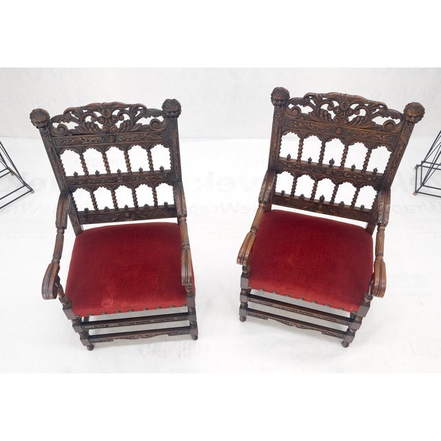 Fine Carved North Winds Faces Heavy Oak Arm Chairs Twisted Spindles c1900