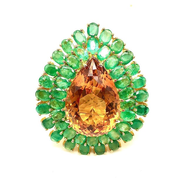 Bochic “Orient” Vintage Natural Green Emerald & HoneyCitrine Ring Set 18K Gold & Silver Natural Oval Shape Center Honey...