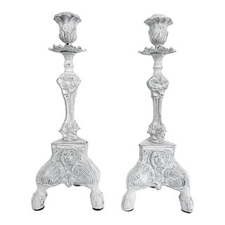 19th Century Iron Candlestick Holders with Claw Legs Lions Heads Design- a Pair For Sale