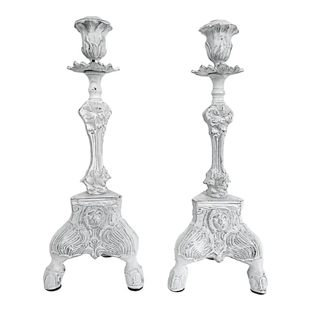 19th Century Iron Candlestick Holders with Claw Legs Lions Heads Design- a Pair For Sale