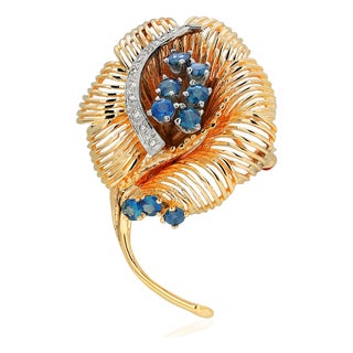 Vintage Fourteen Karat Yellow Gold Diamonds and Sapphires Floral Brooch Pendant For Sale