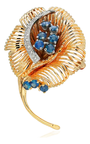Vintage Fourteen Karat Yellow Gold Diamonds and Sapphires Floral Brooch Pendant