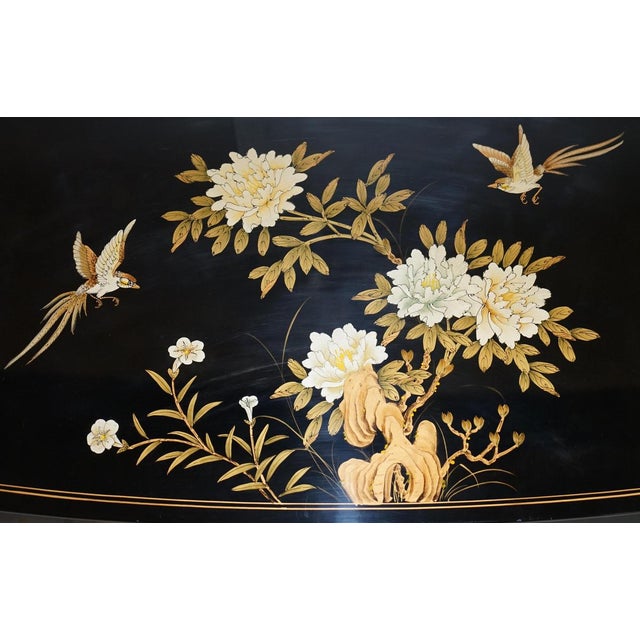 Vintage Chinese Chinoiserie TV Media Stand in Black Lacquered Paint with Bird & Flowers For Sale - Image 5 of 18