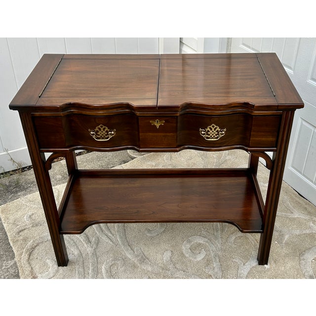 Brown Harden Cherry Server Console Table Flip Top Vintage Chippendale Bar Buffet Shelf For Sale - Image 8 of 14