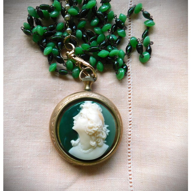 Vintage Victorian Gold Pocket Watch Locket, Green Cameo Woman, Long Art Glass Chain For Sale - Image 12 of 16
