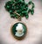 Vintage Victorian Gold Pocket Watch Locket, Green Cameo Woman, Long Art Glass Chain For Sale - Image 12 of 16