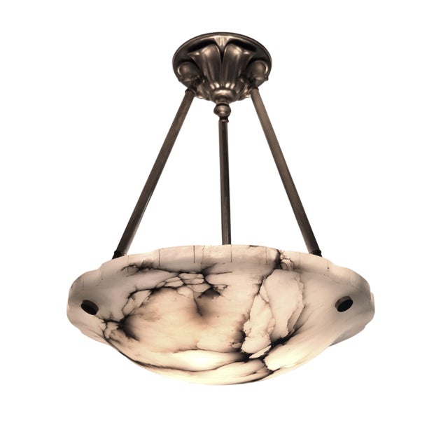 1930s French Art Deco Alabaster Pendant Light, White W/ Charcoal Grey Veining For Sale - Image 12 of 17