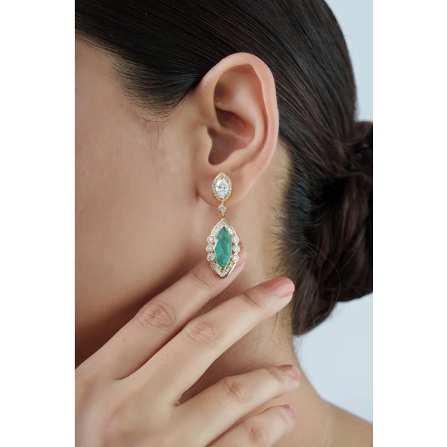 14k Yellow Gold 6.9ct Emerald & 3.24ct Diamond Art Deco Earrings- 2 Pieces For Sale In New York - Image 6 of 14