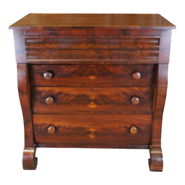 Antique American Empire Flame Mahogany Tallboy Dresser Chest of Drawers For Sale