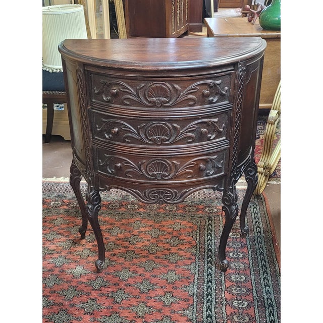 Antique 1920s shell carved 3 drawer small table. Features solid wood Construction Three drawers with shell carvings...