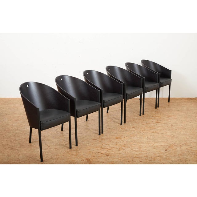 Costes Chair Set in Black Lacquered Tubular Steel Frame, Molded Plywood Seat and Leather by Philippe Starck, 1984, Set of 6 For Sale - Image 17 of 17