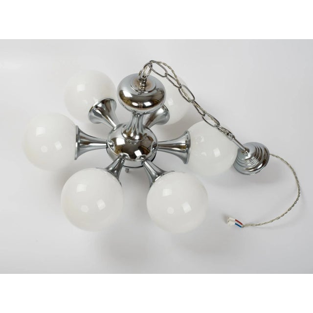 Metal 1960s Nickel Plated Chandelier & Ball Opal Glass Globes For Sale - Image 7 of 11