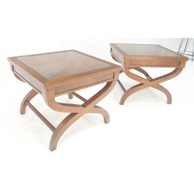 Heritage-Henredon Pair Decorative Glass & Cane Top X Shape Bases Legs Square Side End Tables MINT! For Sale - Image 4 of 5