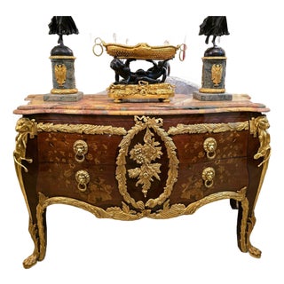 Louis XV Style Commode – Marble Top Dresser With Bronze & Gold Details, Luxury 2 Drawer Chest For Sale