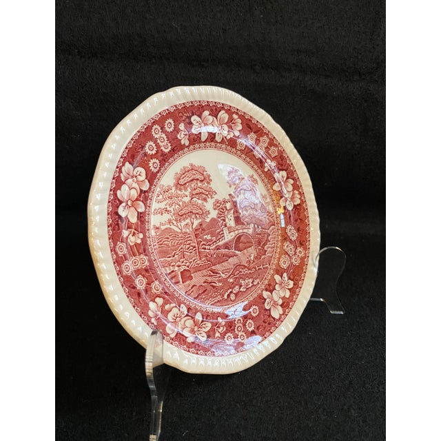 Metal Final Markdown. Rare Find; Spode “Pink Tower” Design English Transferware Side Plates. Set of 3 For Sale - Image 7 of 10