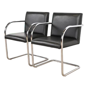 Mies Van Der Rohe Black Leather and Chrome Brno Chairs, Pair