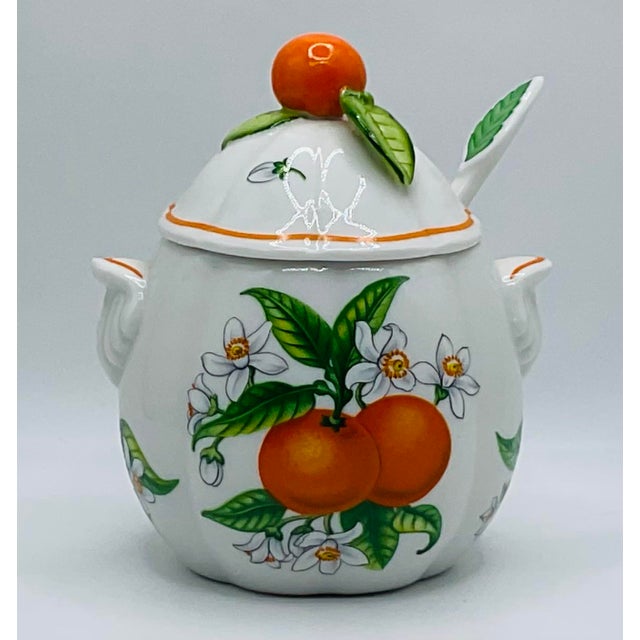 Ceramic 1980s Lenox “Orchard” Porcelain Jam & Jelly Jar Set — 6 Jars With Lids, Spoons & Wooden Two-Tier Caddy For Sale - Image 7 of 17