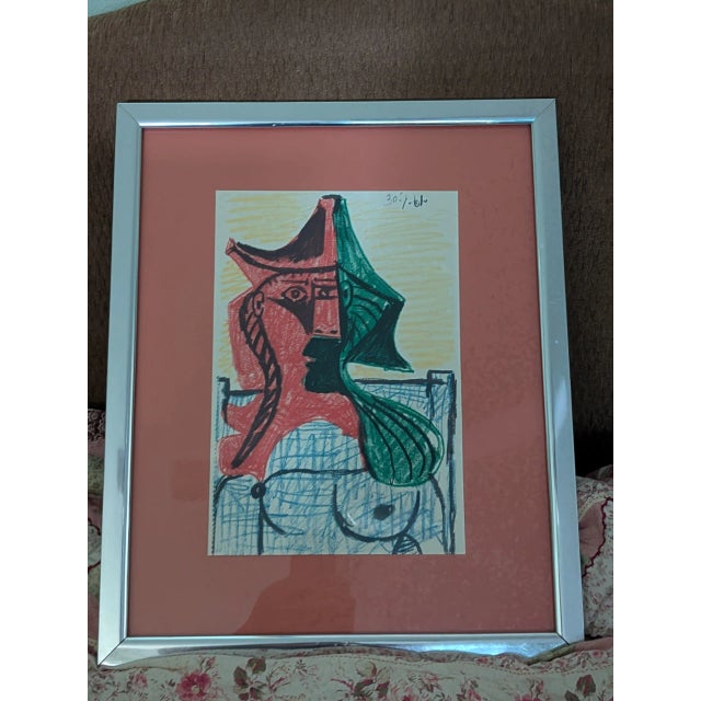 Pablo Picasso Drawing Limited Edition Lithograph 1962 This 1962 Vintage Offset Lithograph Created After the Original 1961 Drawing. For Sale - Image 4 of 6