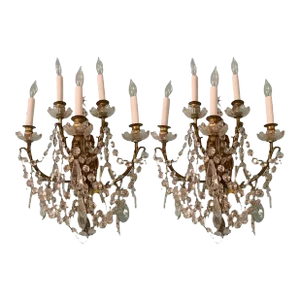 Pair of Antique French Crystal Five Light Sconces
