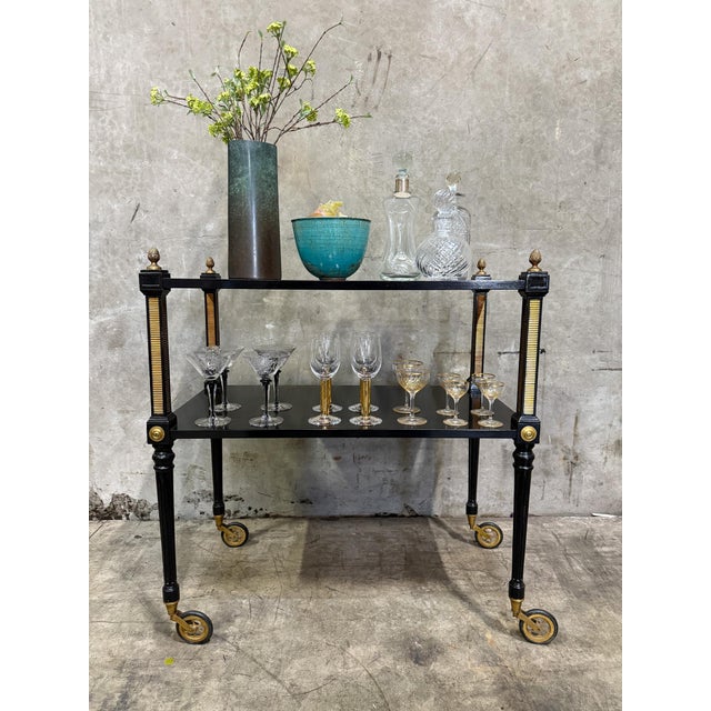 1940s Regency Ebonized & Bronze-Mounted Drinks Cart — In the Manner of Maison Jansen, Paris For Sale - Image 13 of 16