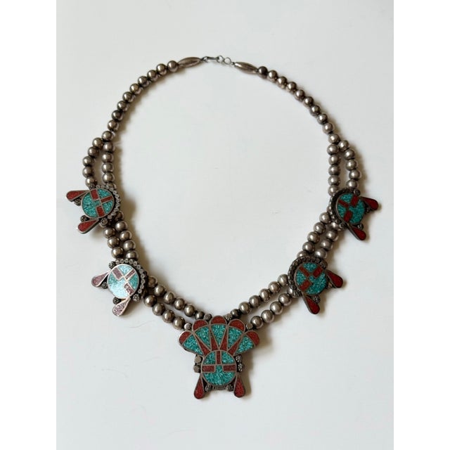 Fabulous Native necklace (Navajo or Zuni) with chip inlay kachina dancers. Double “Navajo pearl” beaded stands. Gorgeous,...
