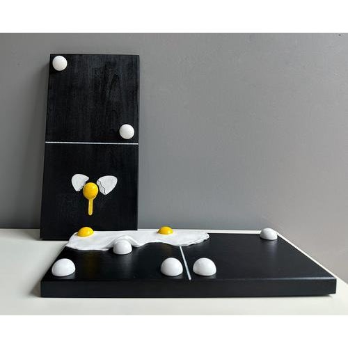 Black Vera Vizzi, Domino Wall Sculpture with Double-Yolk Fried-Egg Motif, 2026, Foam Clay on Wood For Sale - Image 8 of 9