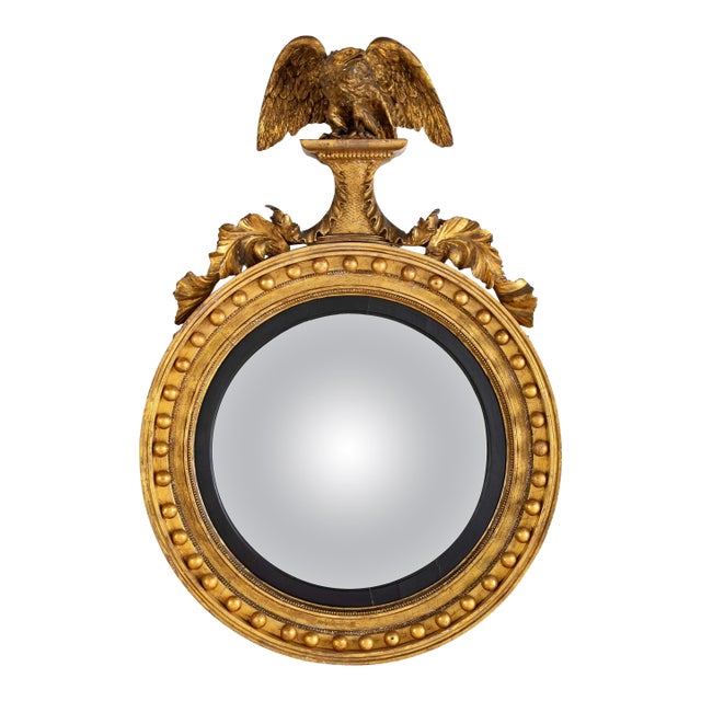 19th Century English Regency Gilt Wood Convex Mirror with Carved Eagle For Sale