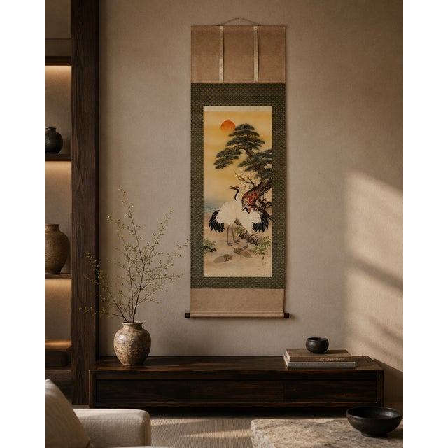 Beige Vintage Japanese Kakejiku Hanging Scroll With Cranes, Turtles, Pine and Plum Blossoms For Sale - Image 8 of 8