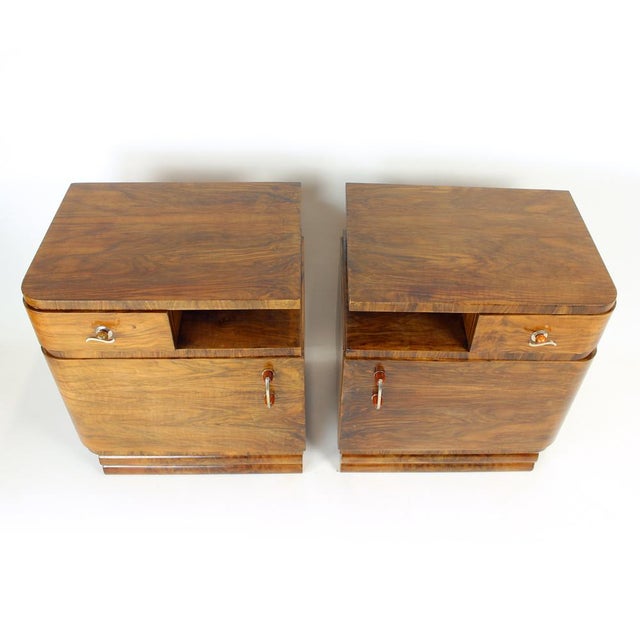 Art Deco Bedside Tables in Walnut, Czechoslovakia, 1930s, Set of 2 For Sale - Image 3 of 14