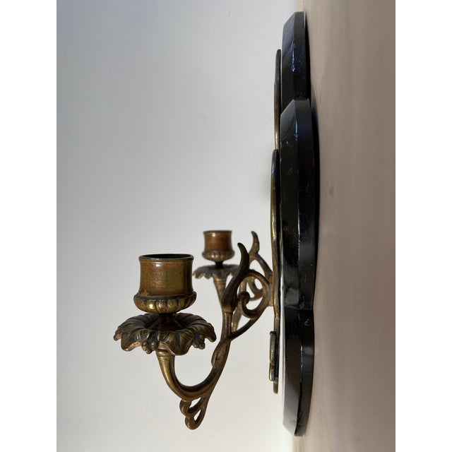Victorian Late 19th Century Victorian Fleur De Lis Ebonized Walnut and Brass Candle Sconces - a Pair For Sale - Image 3 of 8