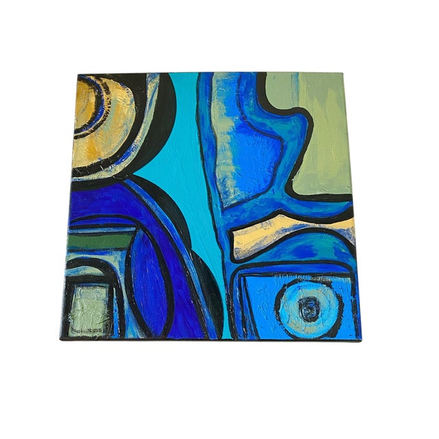 Textile Acrylic on Canvas Abstract 14"By 14 Titled La Rivière the River Signed For Sale - Image 7 of 8
