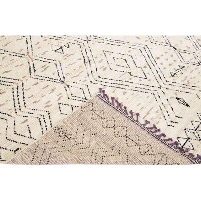 Contemporary Moroccan Style Handmade Ivory Wool Rug With Tribal Design For Sale - Image 11 of 13