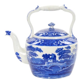 Antique Oversized English Blue and White Porcelain Tea / Coffee Pot For Sale