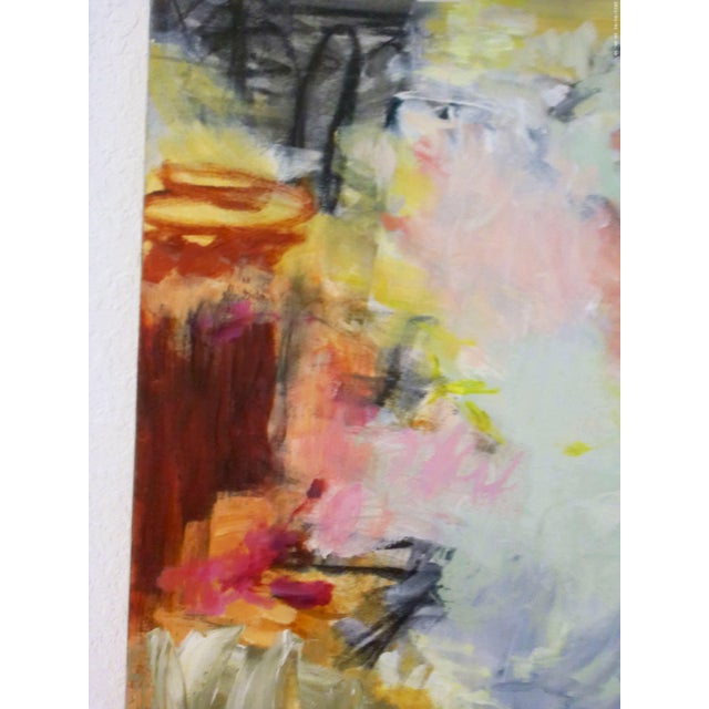 Vibrant abstract painting in bold Autumnal hues of pink, burgundy, greens and goldenrod by Florida artist Vickie Marsango....