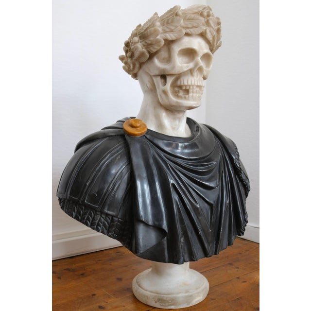 Masterfully carved & most impressive Italian Vanitas bust in solid marble from late 19th century. White Carrara marble...